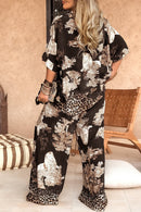Women's V-neck Top + Printed Trousers Casual Suit