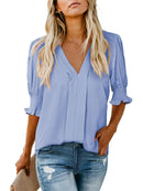 Women's Solid Casual V Neck Puff Sleeve Shirts (Buy 2 Free Shipping)