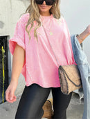 🔥Washed Roll Sleeve Studded Oversized Short Sleeve Top (Buy 2 Free Shipping)