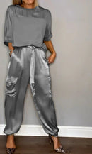 Smooth Satin Half-sleeved Top and Pants SetšBUY 2 SETS FREE SHIPPING