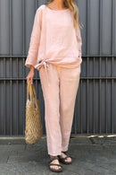 Women's casual solid color cotton and linen two-piece set
