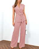 PRETTYGARDEN Women's Summer 2 Piece Outfits 2025 Cap Sleeve V Neck Blazer Vest Wide Leg Pant Sets Office Work Clothes