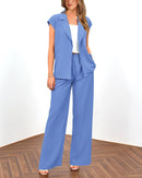 PRETTYGARDEN Women's Summer 2 Piece Outfits 2025 Cap Sleeve V Neck Blazer Vest Wide Leg Pant Sets Office Work Clothes