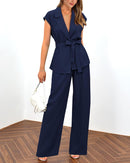 PRETTYGARDEN Women's Summer 2 Piece Outfits 2025 Cap Sleeve V Neck Blazer Vest Wide Leg Pant Sets Office Work Clothes