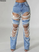 Women's Destroyed Ripped Hole Denim Pants Pearl Rhinestones Chain Distressed Slim Fit Skinny Jeans Y2K Night Club Party Jeans