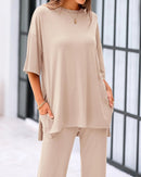 Casual 2-Piece Loose-Fit Short Sleeve Top & Wide-Leg Pants Set with Pockets