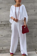Women's casual bat sleeve top and pants cotton and linen two-piece set