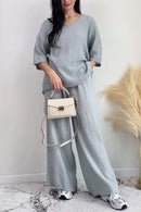 Women's casual V-neck short-sleeved solid color two-piece set