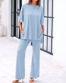 Casual 2-Piece Loose-Fit Short Sleeve Top & Wide-Leg Pants Set with Pockets