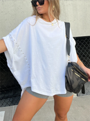 🔥Washed Roll Sleeve Studded Oversized Short Sleeve Top (Buy 2 Free Shipping)