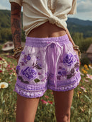 Women's Patchwork Rose Floral Contrast Drawstring Shorts