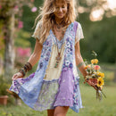 Women's Retro Floral Splicing Cotton And Linen Short Dress