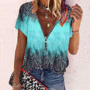 Boho Tribal Printed Color Block Zipper V Neck Blouse