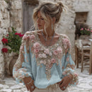 Women's Vintage Pink Rose Embroidery Art Round Neck Linen Blend T-shirt