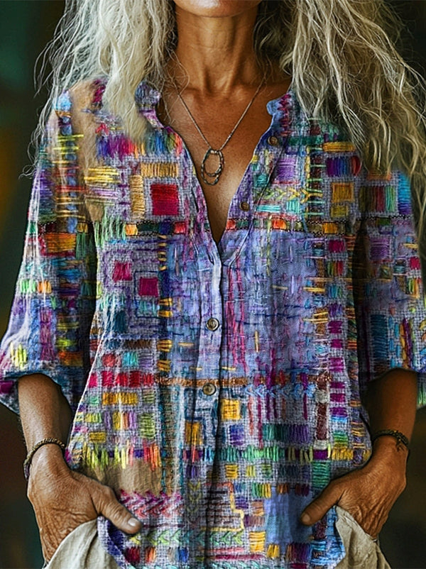 Women's Retro Ethnic Style Patchwork Art Print Casual Cotton And Linen Shirt