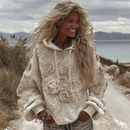 Women's Classic Romantic White Rose Embroidery Art Comfy Hoodie