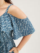 Ditsy Floral Pocket Wrap Cold Shoulder Ruffle Dress