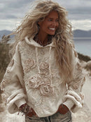 Women's Classic Romantic White Rose Embroidery Art Comfy Hoodie