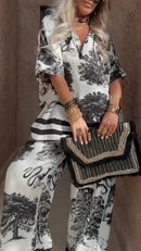 Women's V-neck Top + Printed Trousers Casual Suit