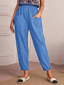 Cotton And Linen Elastic Waist Double Patch Pocket Casual Pants