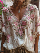 Bohemian-style Pink Floral Embroidery V-neck Short-sleeved Shirt With Sequins