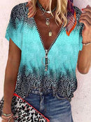 Boho Tribal Printed Color Block Zipper V Neck Blouse