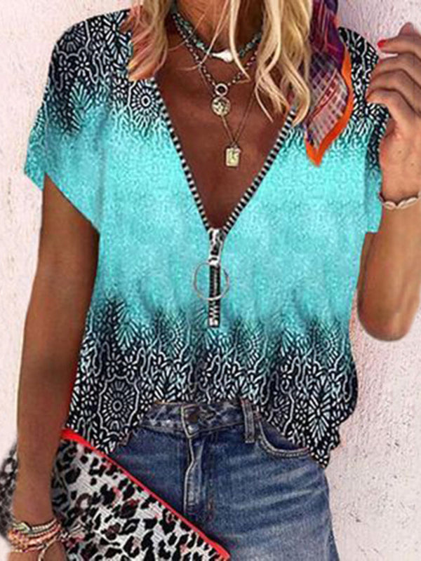 Boho Tribal Printed Color Block Zipper V Neck Blouse