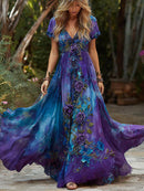 Women's Retro Rose Floral Gradient Pattern V-neck Short Sleeve Dress