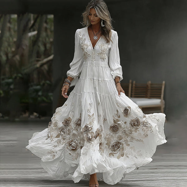 Women's Vintage Rose Embroidery Art V-neck Casual Long Sleeve Maxi Dress