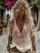 Women's Pink Roses Embroidered Linen Blend T-shirt