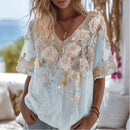 Bohemian White Rose Rhinestone V-neck Loose Retro Short-sleeve T-shirt