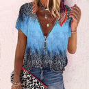 Boho Tribal Printed Color Block Zipper V Neck Blouse