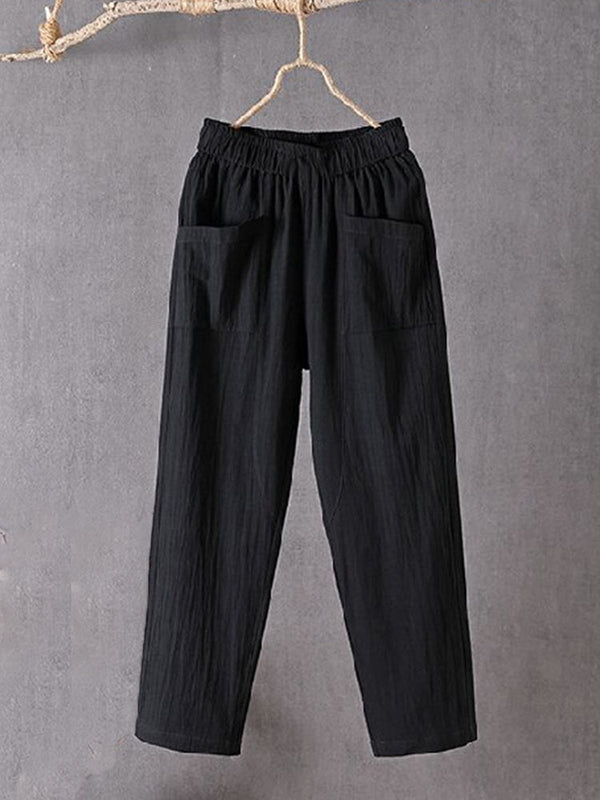 Women's Pockets Design Linen Blend Elastic Waist Pants
