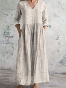 Vintage Stripe Pattern Women's Linen Dress