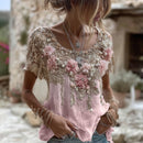 Women's Pink Rose Embroidery Art Round Neck Short Sleeve Linen Blend T-shirt