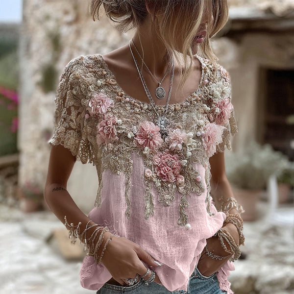 Women's Pink Rose Embroidery Art Round Neck Short Sleeve Linen Blend T-shirt