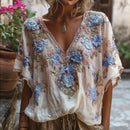 Bohemian-style Pink Floral Embroidery V-neck Short-sleeved Shirt With Sequins