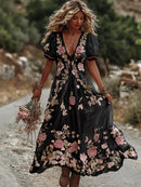 Women's Vintage Rose Embroidery Art Comfy Linen Maxi Dress