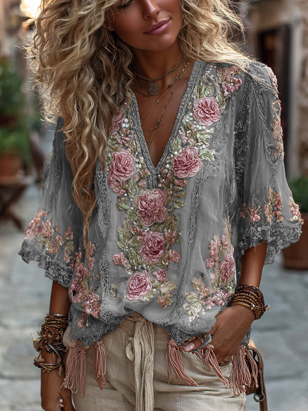 Women's Vintage Rose Embroidery Art Comfy Linen Shirts