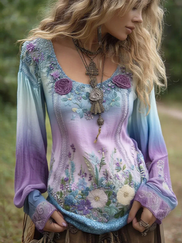 Classy Gradient Purple Lavender And Floral Embroidered Linen Long Sleeve Shirt