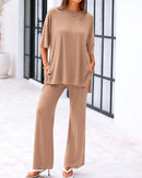 Casual 2-Piece Loose-Fit Short Sleeve Top & Wide-Leg Pants Set with Pockets
