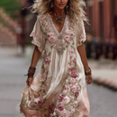 Women's Vintage Rose Embroidery Gradient Pink Art Comfy Linen Maxi Dress