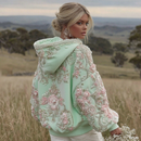 Women's Pink Flower Embroidery Art Long Sleeve Hoodie