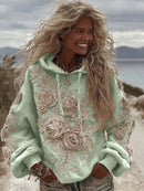 Women's Classic Romantic White Rose Embroidery Art Comfy Hoodie