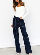 Dokotoo Women's Casual Mid Waist Cargo Jeans Stretch Wide Leg Denim Pants with Pockets