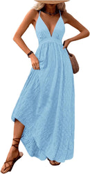 MakeMeChic Women's Boho V Neck Sleeveless Maxi Sundress Floral Print Criss Cross Backless Flare Cami Dress