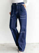 Dokotoo Women's Casual Mid Waist Cargo Jeans Stretch Wide Leg Denim Pants with Pockets