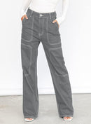 Dokotoo Women's Casual Mid Waist Cargo Jeans Stretch Wide Leg Denim Pants with Pockets