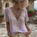 Women's Floral Embroidered Art V-neck Short Sleeved Linen Blend T-shirt