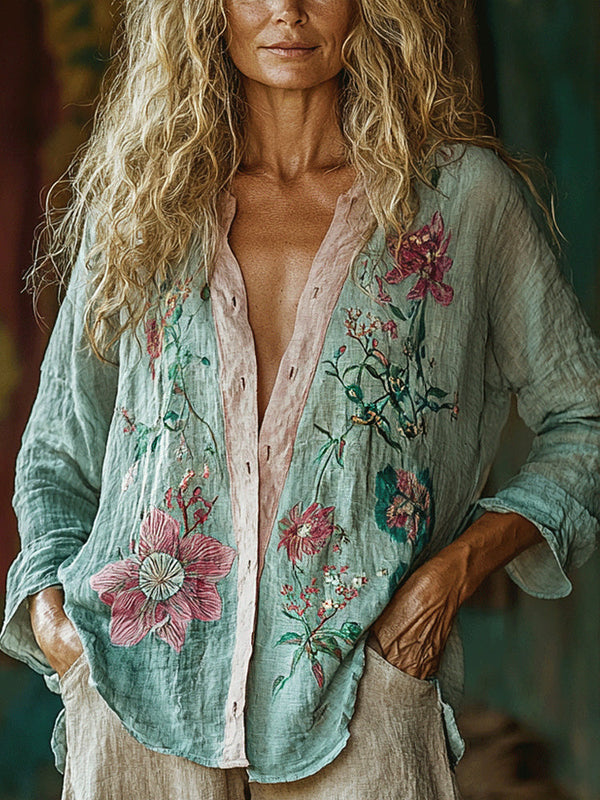 Women's Casual Bohemian Linen Floral Style Long-sleeve Top Shirt